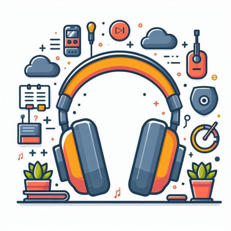 Music concept. Headphones, headphones, mobile phone, guitar, speaker, cloud, music notes. Vector illustrationのイラスト素材