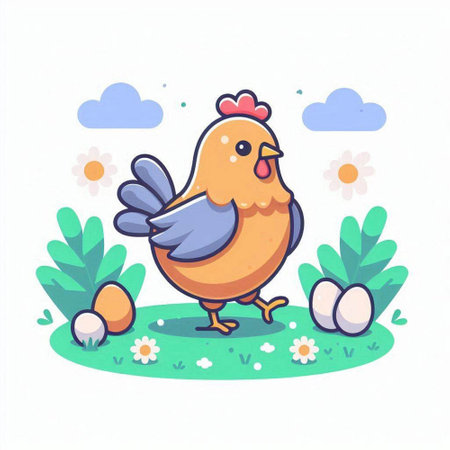 Cute chicken in the garden. Vector illustration in cartoon style.のイラスト素材