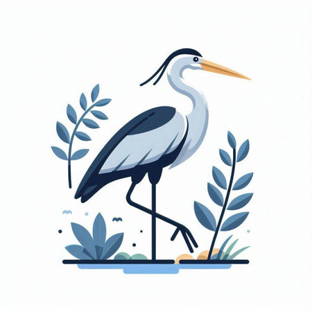 Vector illustration of a gray heron on a background of plants.のイラスト素材