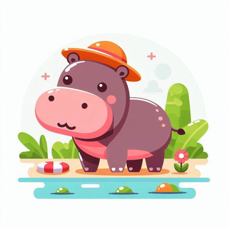 Hippopotamus in a hat on the beach. Vector illustrationのイラスト素材