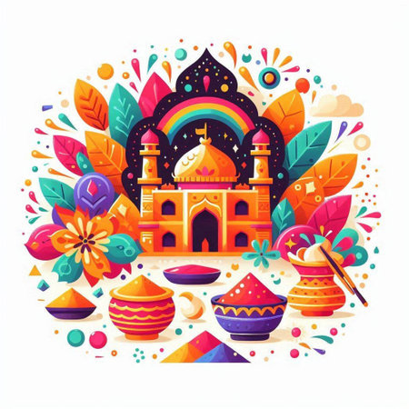 Colorful vector illustration of Taj Mahal in round shape. Happy Holi background.のイラスト素材