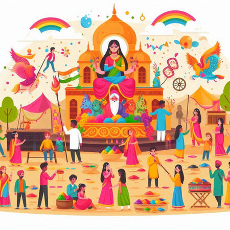 Indian people celebrating Holi festival in India, cartoon vector illustration.のイラスト素材