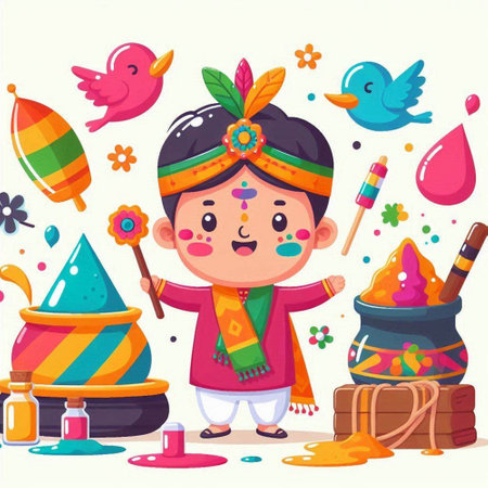 Cute little Indian boy playing holi. Vector cartoon illustration.のイラスト素材