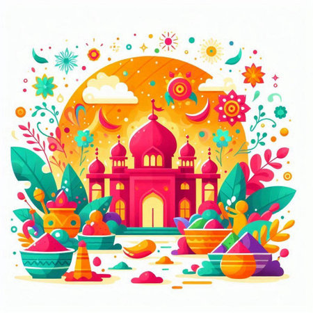 Indian festival Happy Holi greeting card. Colorful vector illustration.のイラスト素材