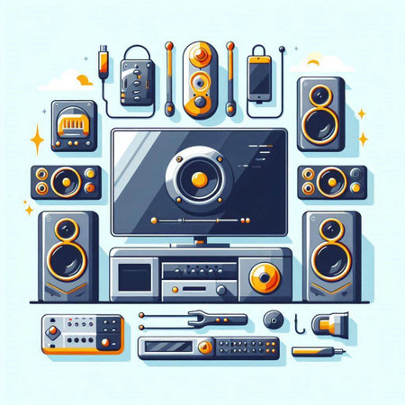 Vector illustration of a set of different modern audio equipment and accessories.のイラスト素材