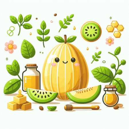 Cute cartoon melon character with honey and leaves. Vector illustration.のイラスト素材