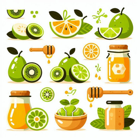 Set of vector icons with citrus fruits, honey, lemon, kiwi.のイラスト素材