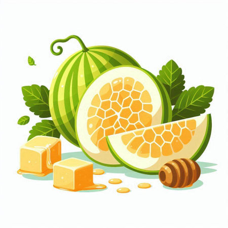 Melon, honey and mint isolated on white background. Vector illustration.のイラスト素材