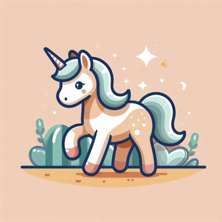 Cute cartoon unicorn on the meadow. Vector illustration in flat styleのイラスト素材