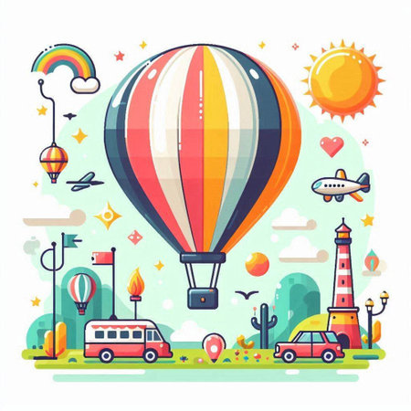 Colorful hot air balloon with lighthouse, lantern and other elements. Vector illustrationのイラスト素材