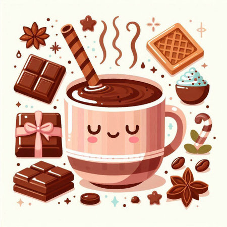 Cute cup of hot chocolate with marshmallows and candies, vector illustrationのイラスト素材