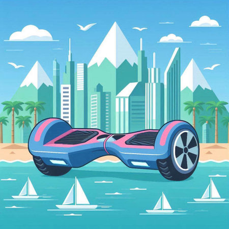Modern self-balancing electric scooter on the beach. Vector illustrationのイラスト素材