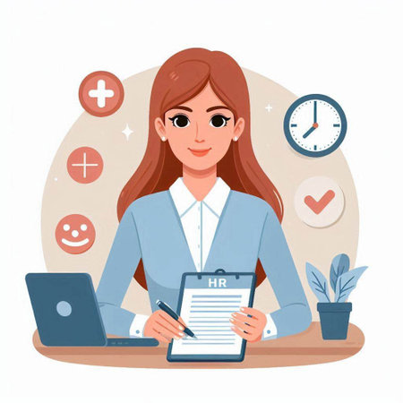 Young woman sitting at the table with laptop and documents. Flat vector illustration.のイラスト素材