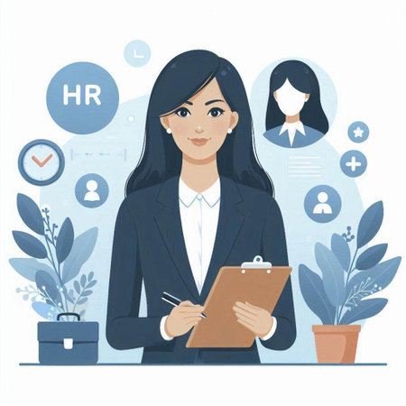 Vector illustration of a young business woman holding a clipboard and looking at camera.のイラスト素材