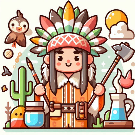 Cartoon indian warrior with ax and cactus. Vector illustrationのイラスト素材