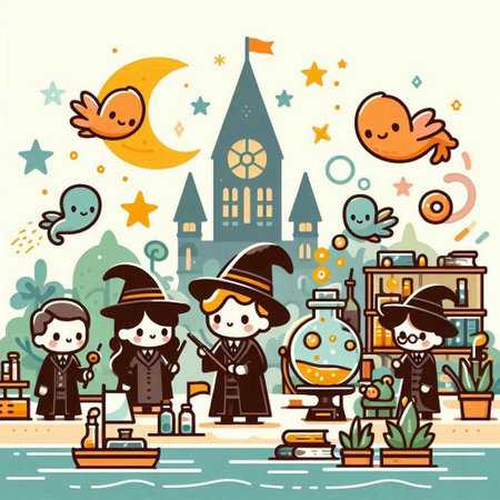 Illustration of Halloween theme with witch, castle, pumpkins and other elementsのイラスト素材