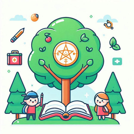 Vector illustration of children reading books at the tree in the park.のイラスト素材