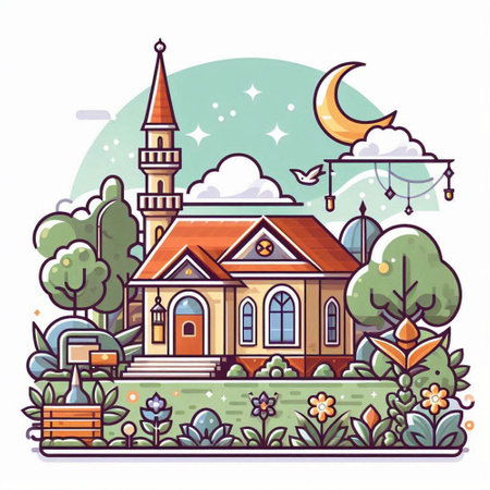 Vector illustration of a cartoon style church in the village with trees and bushes.のイラスト素材