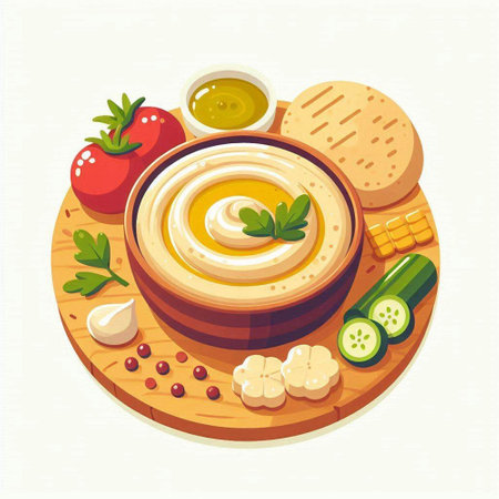 Vector illustration of hummus in bowl with olive oil, garlic, tomato, cucumber and parsley on wooden boardのイラスト素材