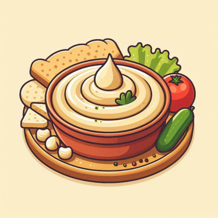 Bowl of hummus with vegetables and crackers. Vector illustration.のイラスト素材