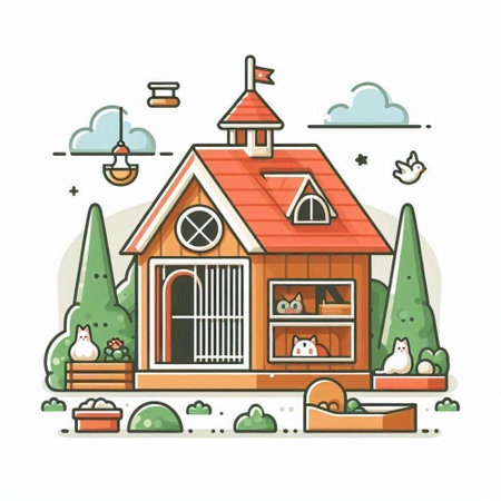 Cute cartoon house with cat. Vector illustration in flat style.のイラスト素材