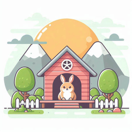 Cute cartoon rabbit in a wooden dog house. Vector illustration.のイラスト素材