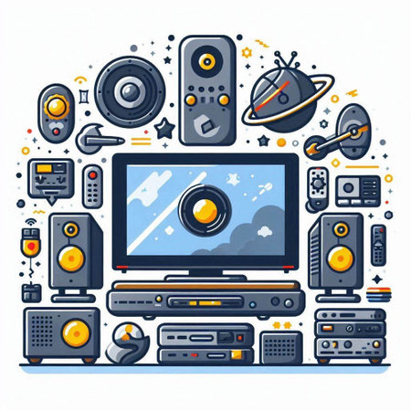 Vector illustration of multimedia equipment in flat line style on white background.のイラスト素材