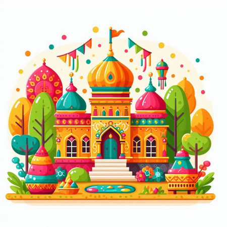 Colorful cartoon vector illustration of orthodox church with green trees on white backgroundのイラスト素材
