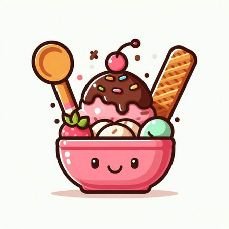 Cute ice cream character in a bowl. Vector cartoon illustration.のイラスト素材