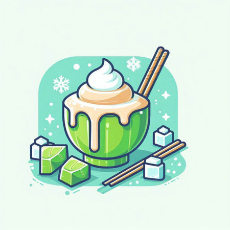 Coconut ice cream in a bowl with chopsticks. Vector illustration.のイラスト素材