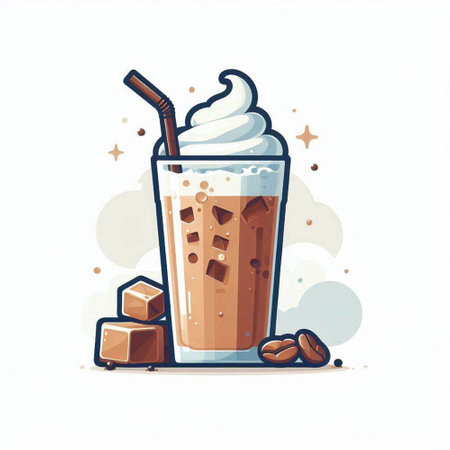 Iced coffee with whipped cream in a glass. Vector illustration.のイラスト素材