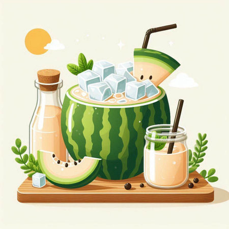 Watermelon smoothie with ice cubes and mint leaves. Vector illustration.のイラスト素材