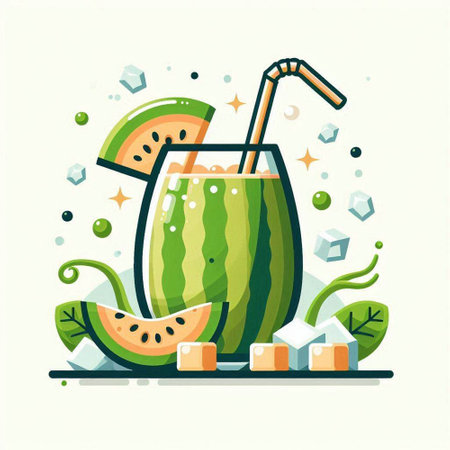 Watermelon smoothie with ice cubes and straw. Vector illustration.のイラスト素材