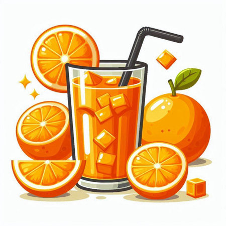 Orange juice in glass with ice cubes and orange slices. Vector illustration.のイラスト素材