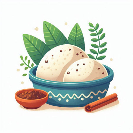 Illustration of traditional indian dumplings in ceramic bowl.のイラスト素材