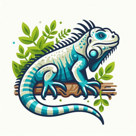 Vector illustration of a blue iguana on a branch with green leavesのイラスト素材