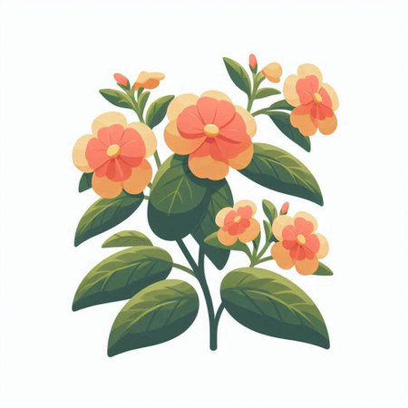 Illustration of orange flowers with green leaves isolated on white background.のイラスト素材