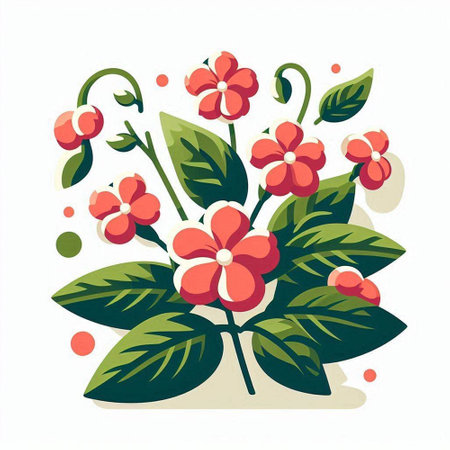 Illustration of red flowers with green leaves on a white background.のイラスト素材