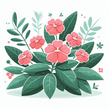 Flower composition with pink flowers and green leaves. Vector illustration.のイラスト素材