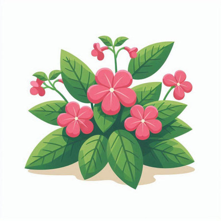 Illustration of pink flowers and green leaves isolated on white background.のイラスト素材