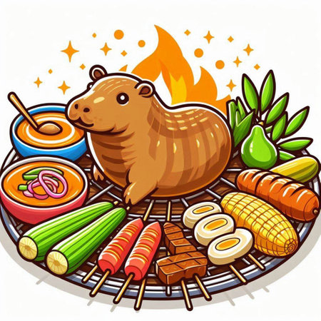 Cute hamster on a barbecue grill with vegetables. Vector illustration.のイラスト素材