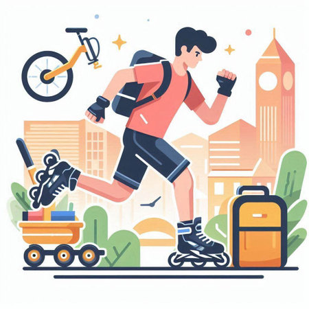Man rollerblading in the city. Flat design vector illustration.のイラスト素材