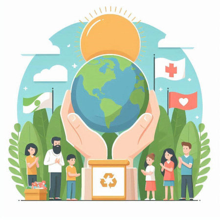 Save the planet concept. People holding globe in hands. Vector illustrationのイラスト素材