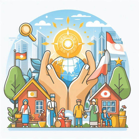 Vector illustration of save the planet concept with human hands holding globe and cityscape.のイラスト素材