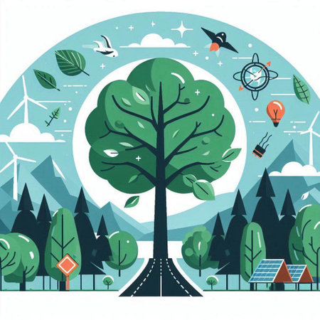 Ecology background with green trees, windmills, solar panels. Vector illustration.のイラスト素材