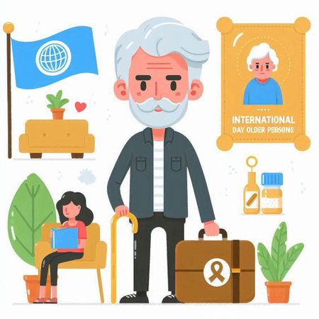 Vacation, travel and tourism. Old man with a beard and mustache sits on a chair and holds a suitcase. Vector illustrationのイラスト素材