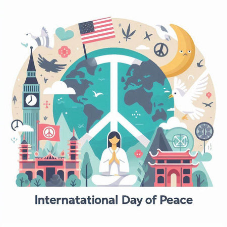 International Day of Peace poster with people praying in front of peace symbol. Vector illustrationのイラスト素材