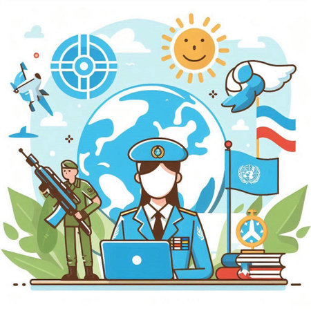 Vector illustration of a woman in the form of a police officer with a laptop on the background of the globe.のイラスト素材