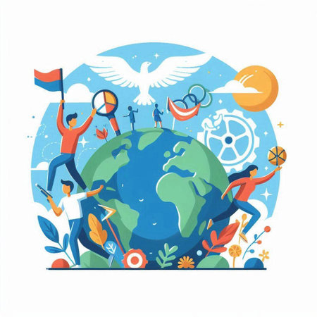 People with flags and symbols of World Environment Day. Vector illustration.のイラスト素材