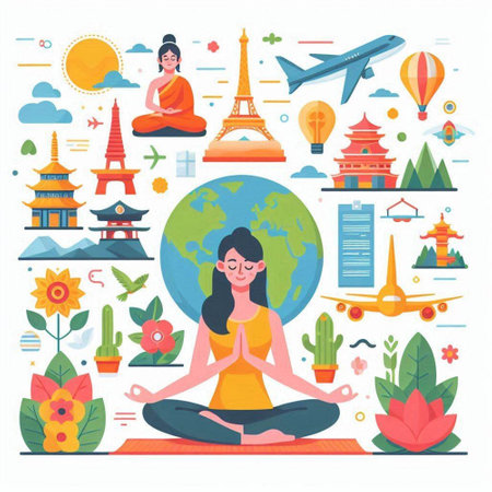 Flat design vector illustration concept of traveling around the world. Woman meditating in lotus position, doing yoga, doing yoga, listening to music.のイラスト素材
